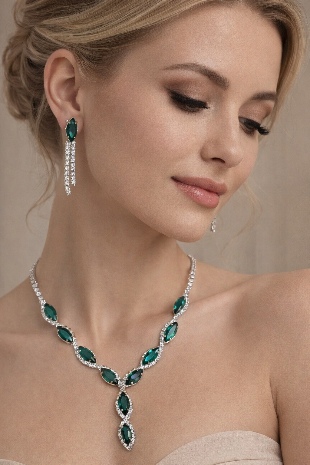 Emerald Green Marquise Necklace Set for Women | American Diamond Y-Shaped Necklace with Matching Dangle Earrings | Wedding & Party Jewelry Gift Set