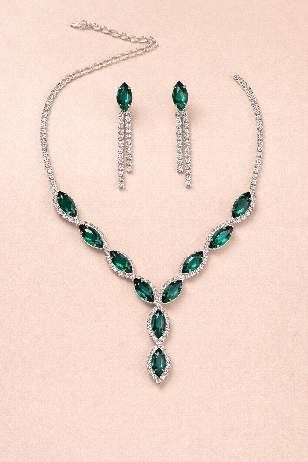 Emerald Green Marquise Necklace Set for Women | American Diamond Y-Shaped Necklace with Matching Dangle Earrings | Wedding & Party Jewelry Gift Set
