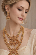 Traditional Gold Plated Bridal Necklace Set for Women | Double Layer Temple Design Haar with Jhumka Earrings | Wedding & Festive Jewelry Set