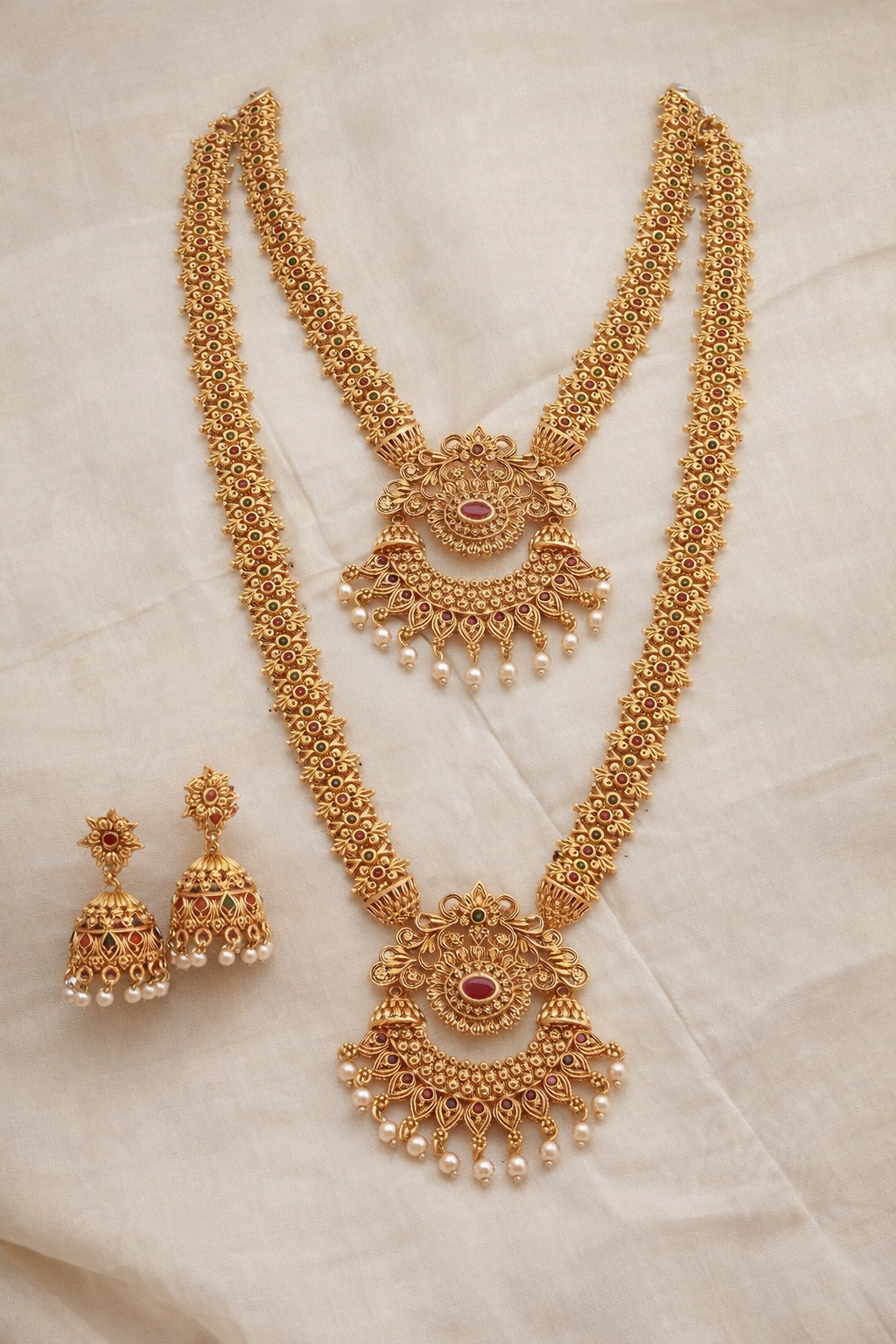 Traditional Gold Plated Bridal Necklace Set for Women | Double Layer Temple Design Haar with Jhumka Earrings | Wedding & Festive Jewelry Set