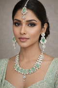 Emerald Aura American Diamond Necklace Set with Earrings & Maang Tikka