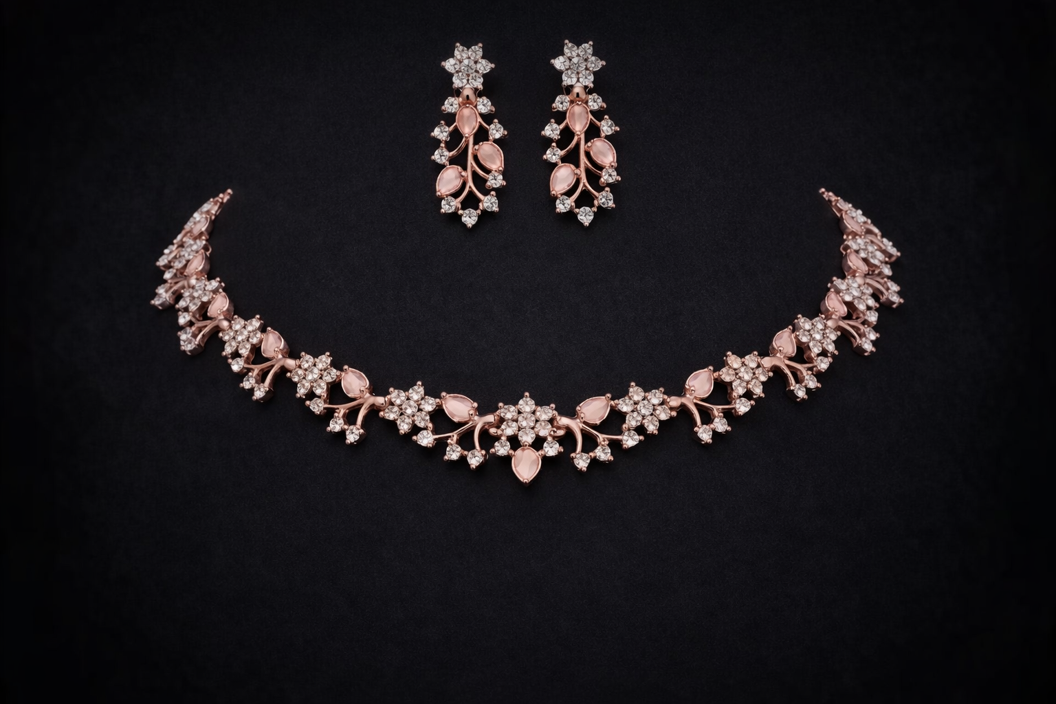 Floral Rose Gold Jewel Set Includes matching earrings; Stainless Steel & Brass.