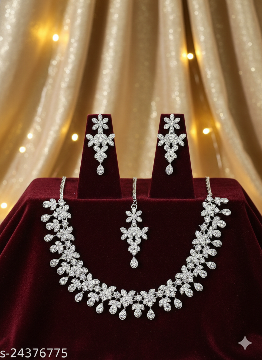 Elegant Silver Plated White American Diamond Necklace Set for Women