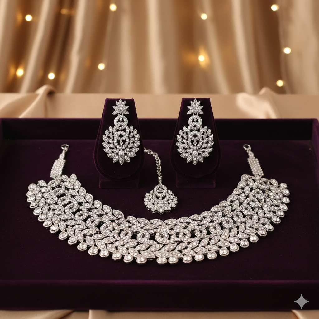 Sterling Silver Finish White Austrian Diamond Statement Jewellery Set