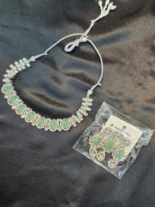 Emerald Aura American Diamond Necklace Set with Earrings & Maang Tikka
